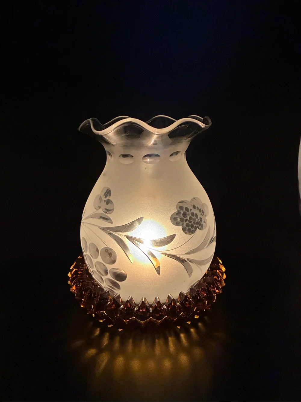 Etched Frosted Glass lantern top with Indiana Amber glass Base DIY Fairy Lamp